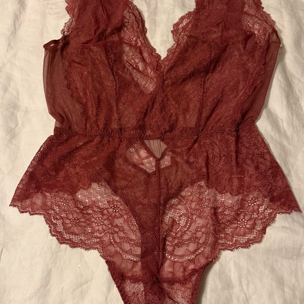 Sheer Lace Plunge Chemise in Burgundy